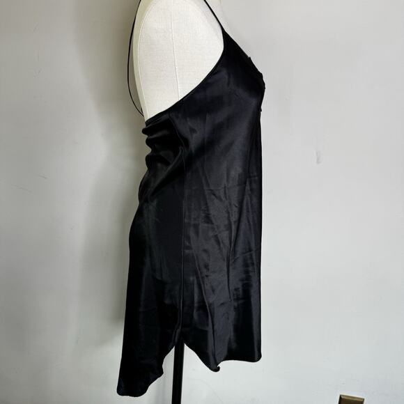 Vtg 80s DENTELLE Black Satin Slip Dress Filigree Appliqué Bodice Fairy Goth L - Picture 2 of 5